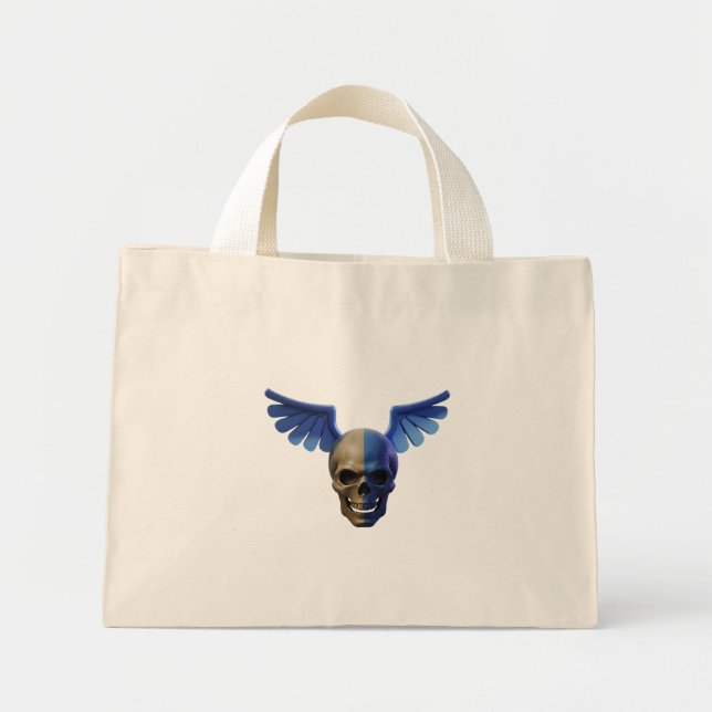 Two-Toned Skull with Blue Stylized Wings Mini Stoffbeutel (Vorne)