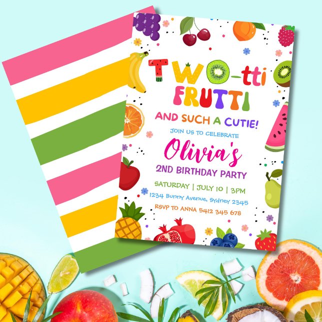 Two-tti Frutti So ein Süßer, 2. Früchte Sommer  Einladung (Cute Twotti Frutti 2nd birthday invitation with colorful fruit and summer party theme.)