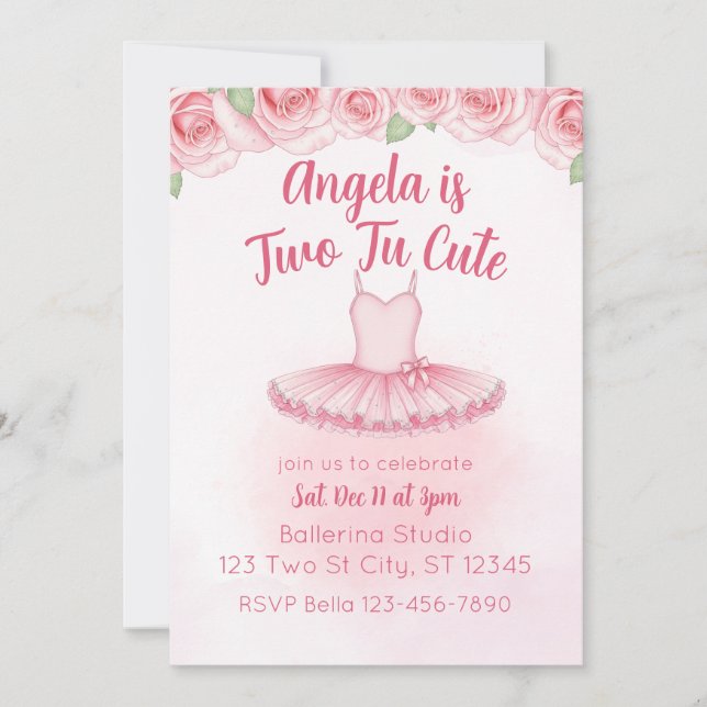 Two Tu Cute, Ballerina 2nd Birthday Einladung (Vorderseite)