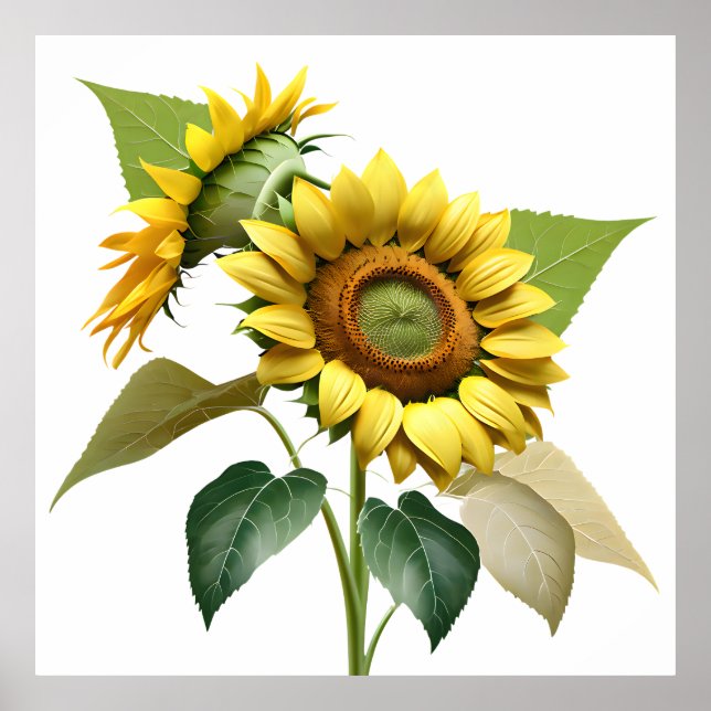 Two Vibrant Sunflowers with Lush Green Leaves Poster (Vorne)