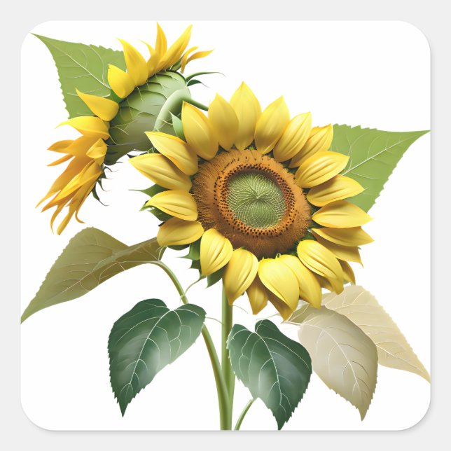 Two Vibrant Sunflowers with Lush Green Leaves Quadratischer Aufkleber (Vorderseite)