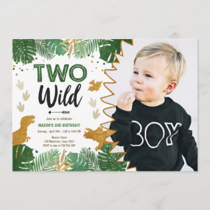 Two Wild Dino Party Boy Gold Dinosaur 2. Geburtsta Einladung