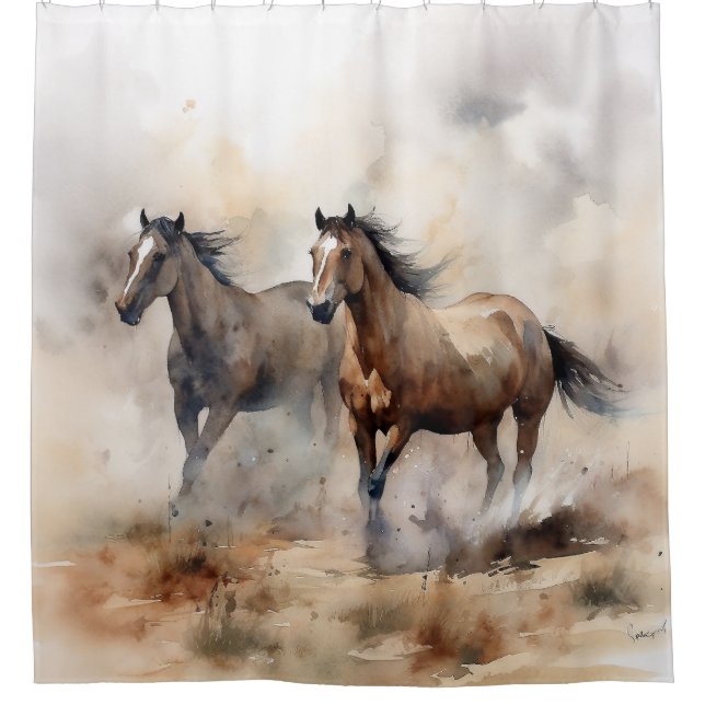 "Two Wild Mustangs" Dusty Western Wassercolor Duschvorhang (Vorderseite)