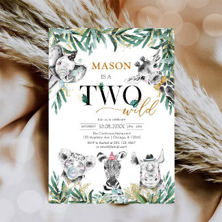 Two Wild Party Animals 2nd Birthday Invitation Einladung