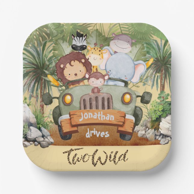 Two Wild Safari Animals Driving Car 2nd Birthday  Pappteller (Vorderseite)