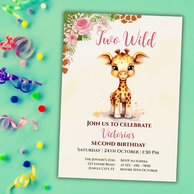Two Wild Safari Cute Giraf Girl 2nd Birthday Einladung (Von Creator hochgeladen)