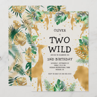 Two Wild Safari Green Gold Ecru 2. Geburtstag Einladung
