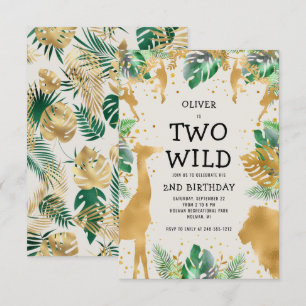 Two Wild Safari Green Gold Ecru 2. Geburtstag Einladung