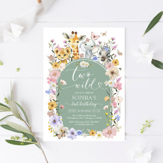 Two Wild Wildflower Animal 2nd Birthday Invitation Einladung