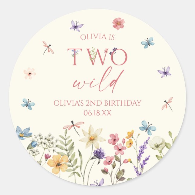 Two Wild Wildflower Wild Flower 2nd Birthday Party Runder Aufkleber (Vorderseite)