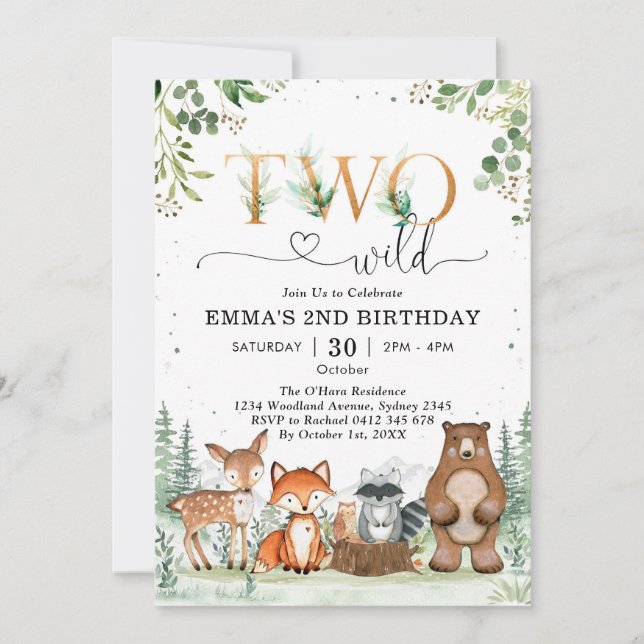 Two Wild Woodland Party Animals Boy 2nd Birthday Einladung (Vorderseite)