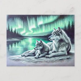 Two Wolves at the Waters Edge with Northern Lights Postkarte