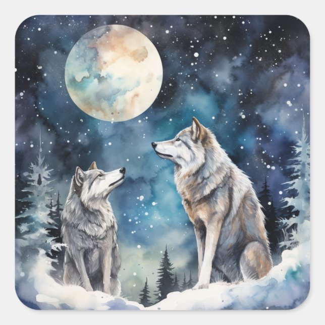 Two Wolves in Winter Quadratischer Aufkleber (Vorderseite)
