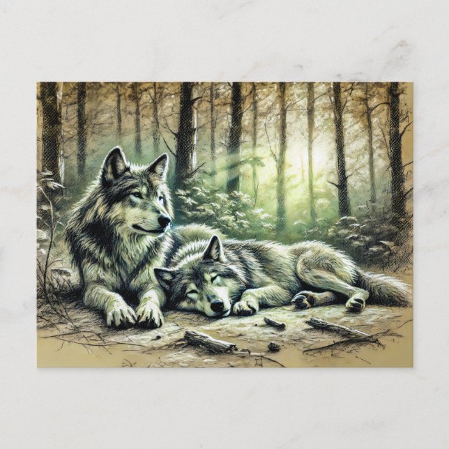 Two Wolves Resting in the Forest Postkarte (Vorderseite)