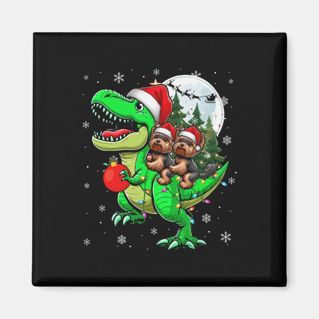 Two Xmas Yorkshire Terriers Riding T-rex Rentier Magnet (Vorne)