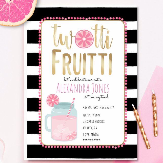 Twotti Fruitti Pink Lemon Black + White Geburtstag Einladung (Von Creator hochgeladen)