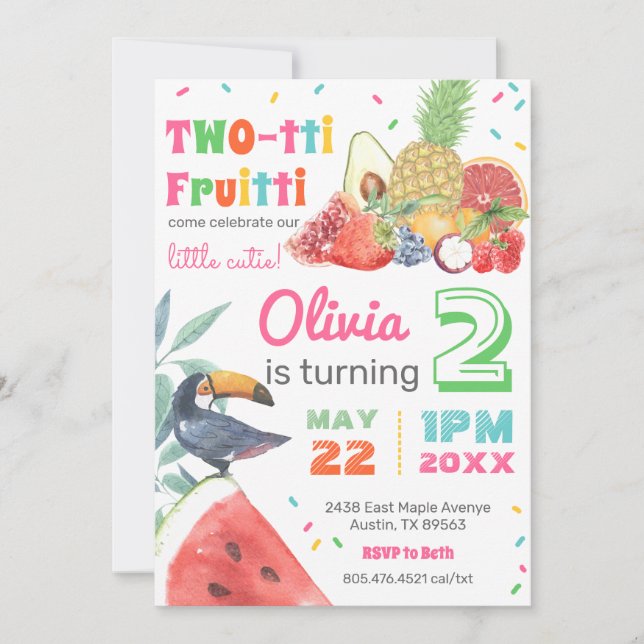 Twotti Fruitti Tropical Frucht Toucan Geburtstag Einladung (Vorderseite)