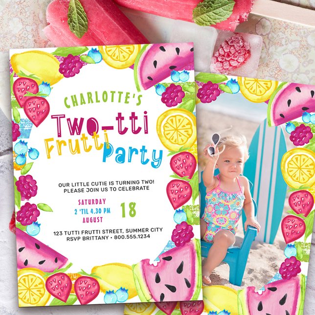 TWOtti Frutti Party 2. Geburtstag Foto Einladung (Two-tti frutti such a cutie 2nd birthday invitation with photo on the back)