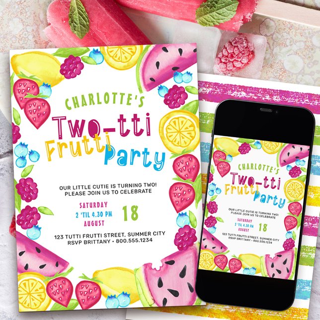 TWOtti Frutti Party Sommer Obst Süsse Wende 2 Einladung (Two-tti frutti such a cutie 2nd birthday party invitation)