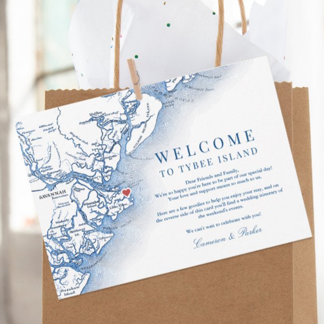 Tybee Island Navy Hochzeitstag Begrüßungsreise Dankeskarte (Elegant Tybee Island Georgia Wedding Weekend Itinerary Card and Welcome letter with navy blue map)