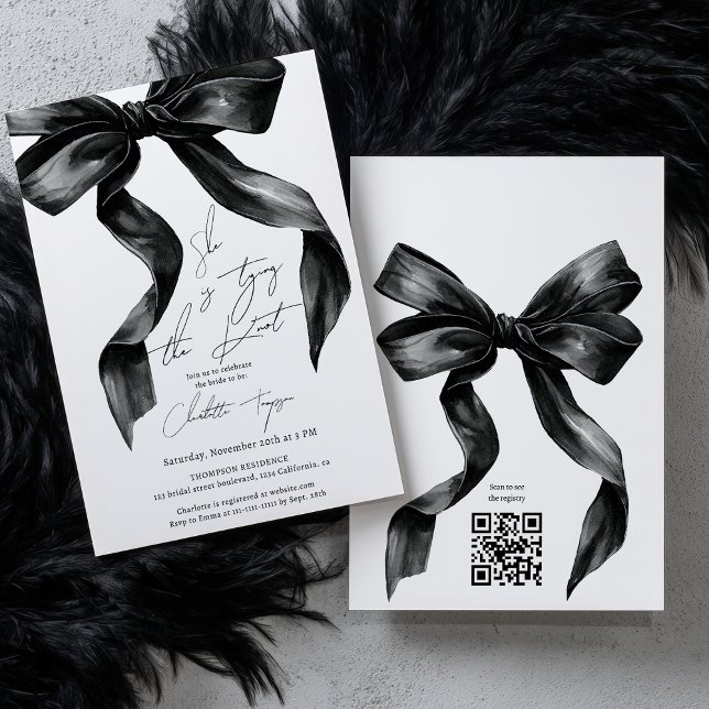 Tying Knot Black Coquette Bow Brautparty QR Einladung (Tying Knot Black Coquette Bow Bridal Shower QR Invitation)