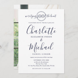 Tying Knot Navy Blue Script Foto Nautical Wedding Einladung