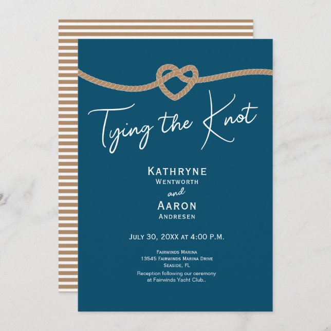 Tying the Knot Rope Coastal Blue Nautical Wedding  Einladung (Vorne/Hinten)