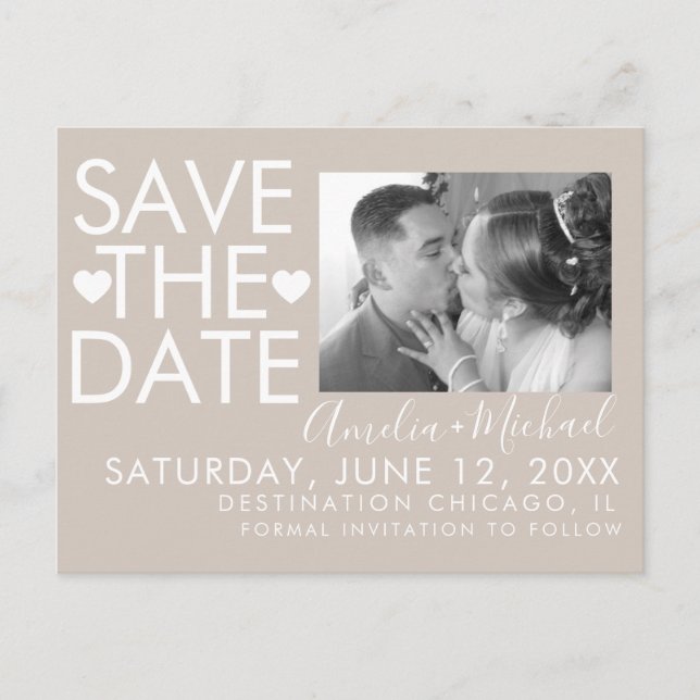 Typ und Herz Save the Date Foto Postkarte (Vorderseite)