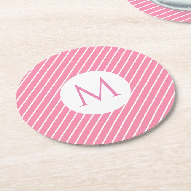 Typisch rosa Streifen Trendmonogramm Modern Runder Pappuntersetzer (Angewinkelt)
