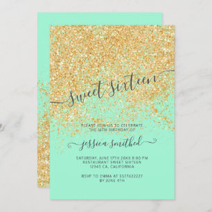 Typografie aus Gold Glitzer Minze grün Süß 16 Einladung