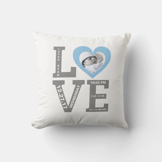 Typografie-Baby-Blau Geburts-Notfall | modernes Kissen (Vorderseite)