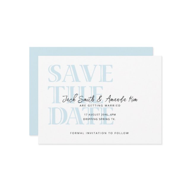 Typografie Baby Blue Flat Save the Date Card (Vorderseite/Rückseite Beispiel)