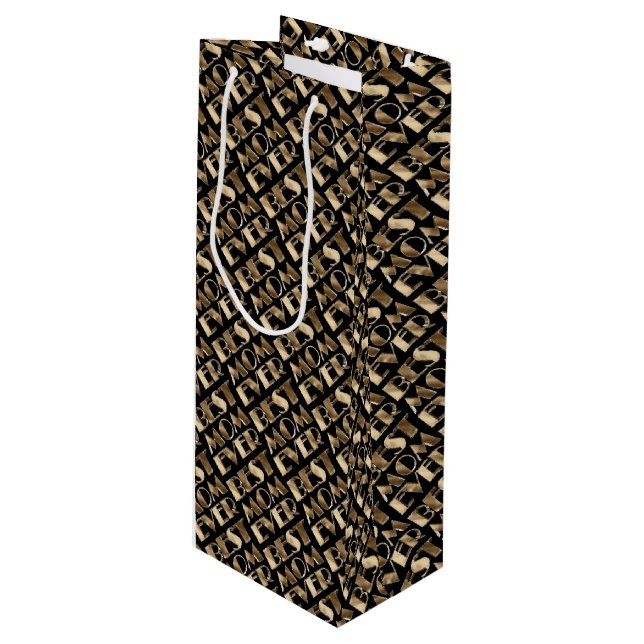 Typografie Beste Mama je Muster Schwarz und Gold Geschenktüte Für Weinflaschen (Vorderseite Schrägansicht)