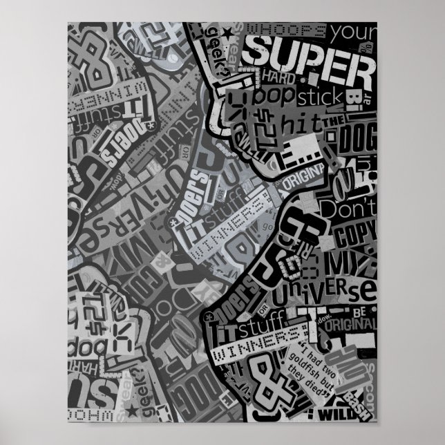 Typografie Collage Black & White Newspaper Print Poster (Vorne)