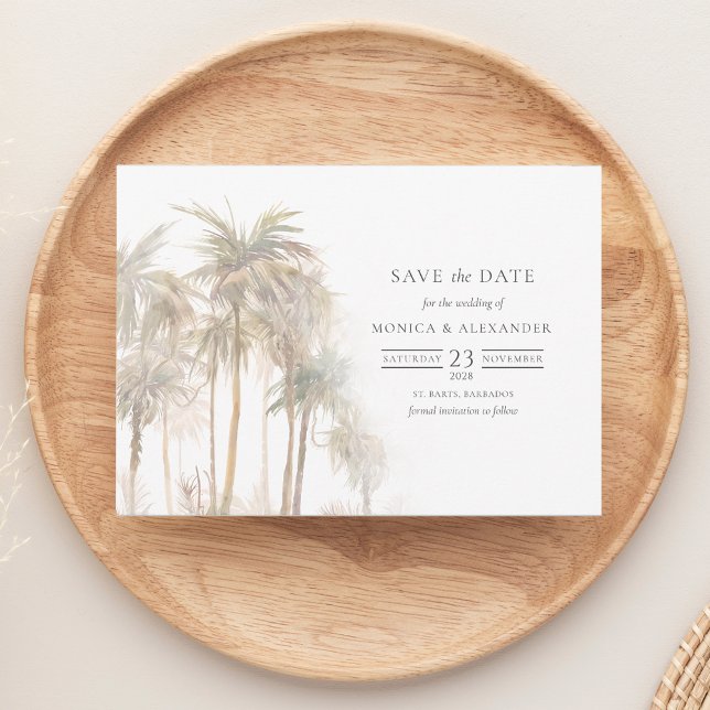Typografie der Tropen Bäume Save the Date (Simple Palm Tree Tropical Watercolor Save the Date Wedding Announcement)