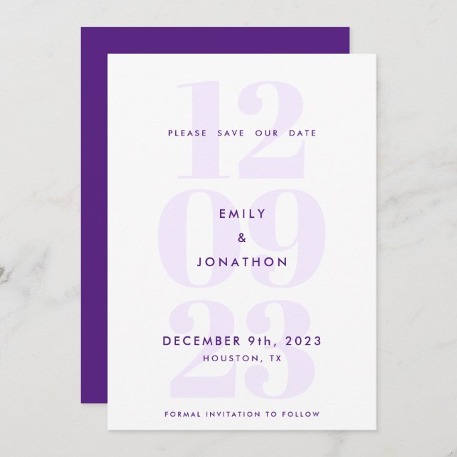Typografie des modernen Datums Lila Save The Date (Vorne/Hinten)