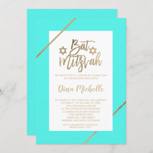 Typografie Gold Blumenblätteraqua chic Bat Mitzvah Einladung