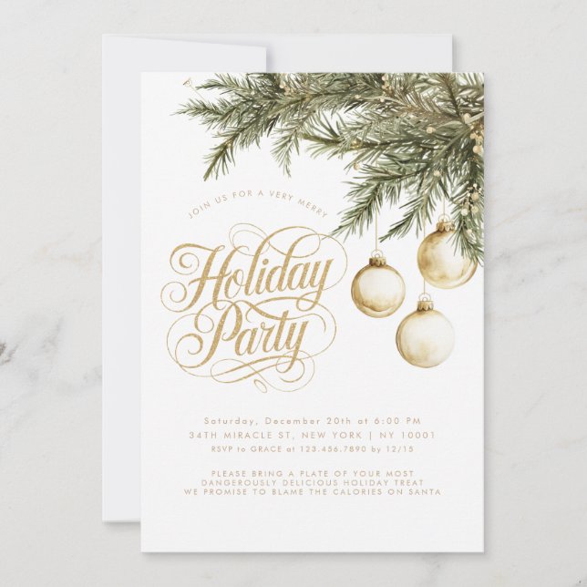 Typografie Gold Ornamente Baubles Holiday Party Einladung (Vorderseite)