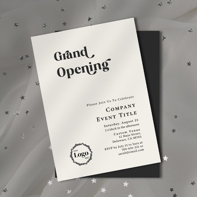 Typografie Grand Opening in Schwarz und Weiß Einladung (Property Photo Background Typography Open House Invitation)
