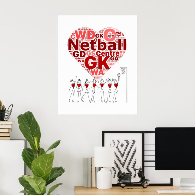 Typografie Herzdesign für Netball-Positionen Poster (Heimbüro)