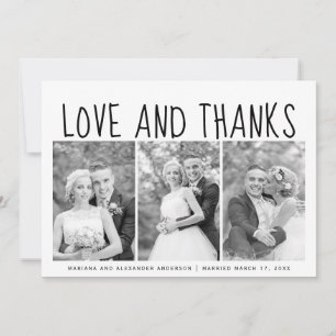 Typografie Hochzeit Danke, drei Foto Collage Dankeskarte