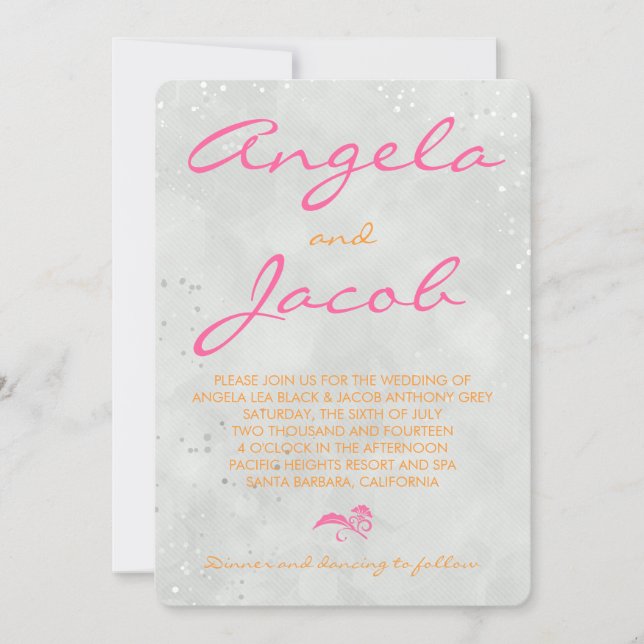Typografie Hot Pink Orange Gray Wedding Einladung (Vorderseite)