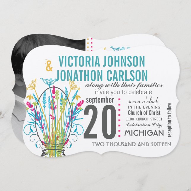 Typografie Mason Jar Coral Yellow Blue Green Einladung (Vorne/Hinten)