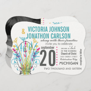 Typografie Mason Jar Coral Yellow Blue Green Einladung