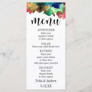 Typografie mit farbenfroher Wasserfarbe-Hochzeitsm Menükarte