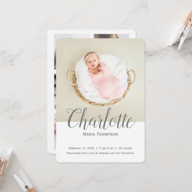 Typografie Moderne Foto Collage Baby Girl Birth (Vorderseite/Rückseite Beispiel)