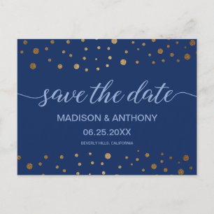 Typografie Navy Blue Gold Hochzeit Speichern Sie d Postkarte