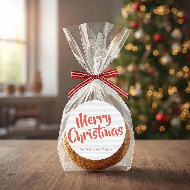 Typografie Personalisiert Weihnachten Grau und Ora Runder Aufkleber (Typography Personalized Christmas Grey and Orange Classic Round Sticker by Ricaso. Ideal for gifting)