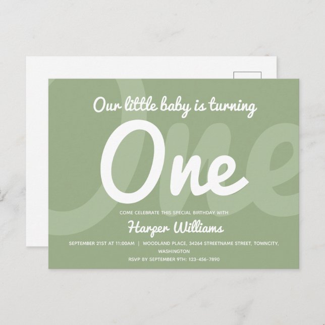 Typografie Sage One Baby Erstgeburt Einladungspostkarte (Vorne/Hinten)