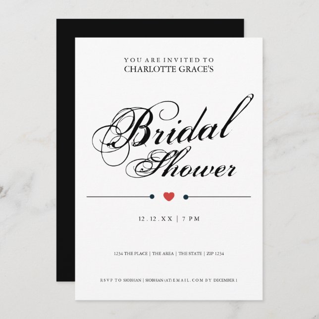 Typografie Schwarz-weißes Brautparty Modernes Einf Einladung (Vorne/Hinten)